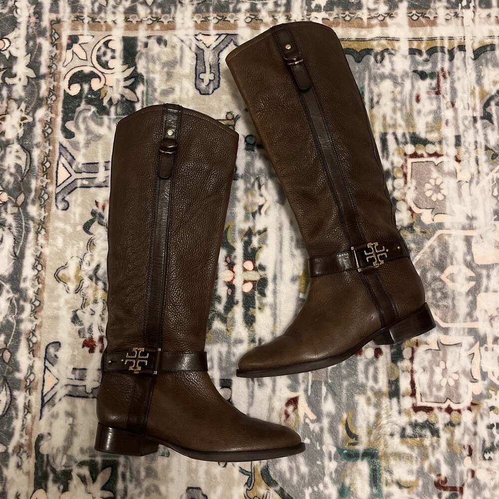 Tory Burch Brown Pebbled Leather Tall Riding Logo Boots Wm Sz 8.5